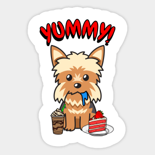 Cute yorkie dog is having coffee and cake Sticker